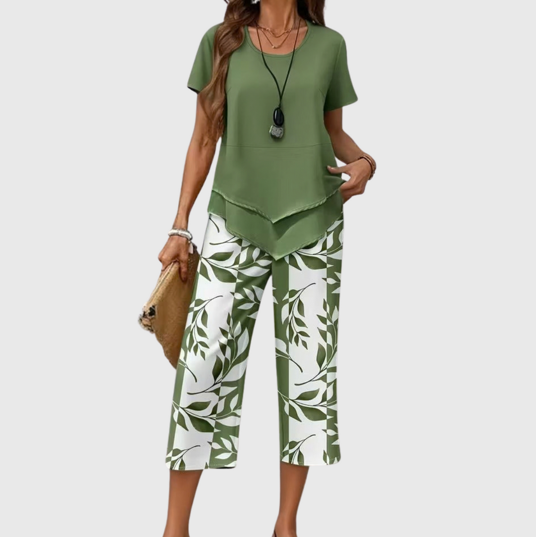 Eldrid two piece leaf print top and trouser set