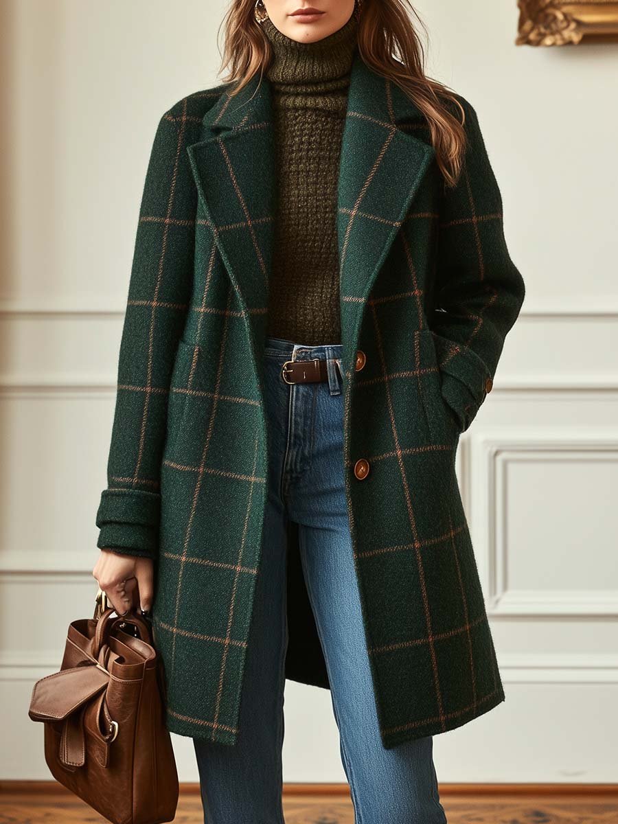 Linette check coat with wide collar