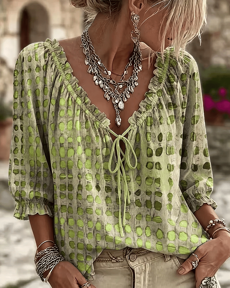 Hege polka dot blouse with tie V neck – image 10