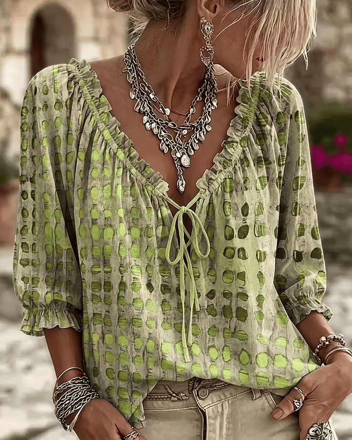 Hege polka dot blouse with tie V neck – image 10