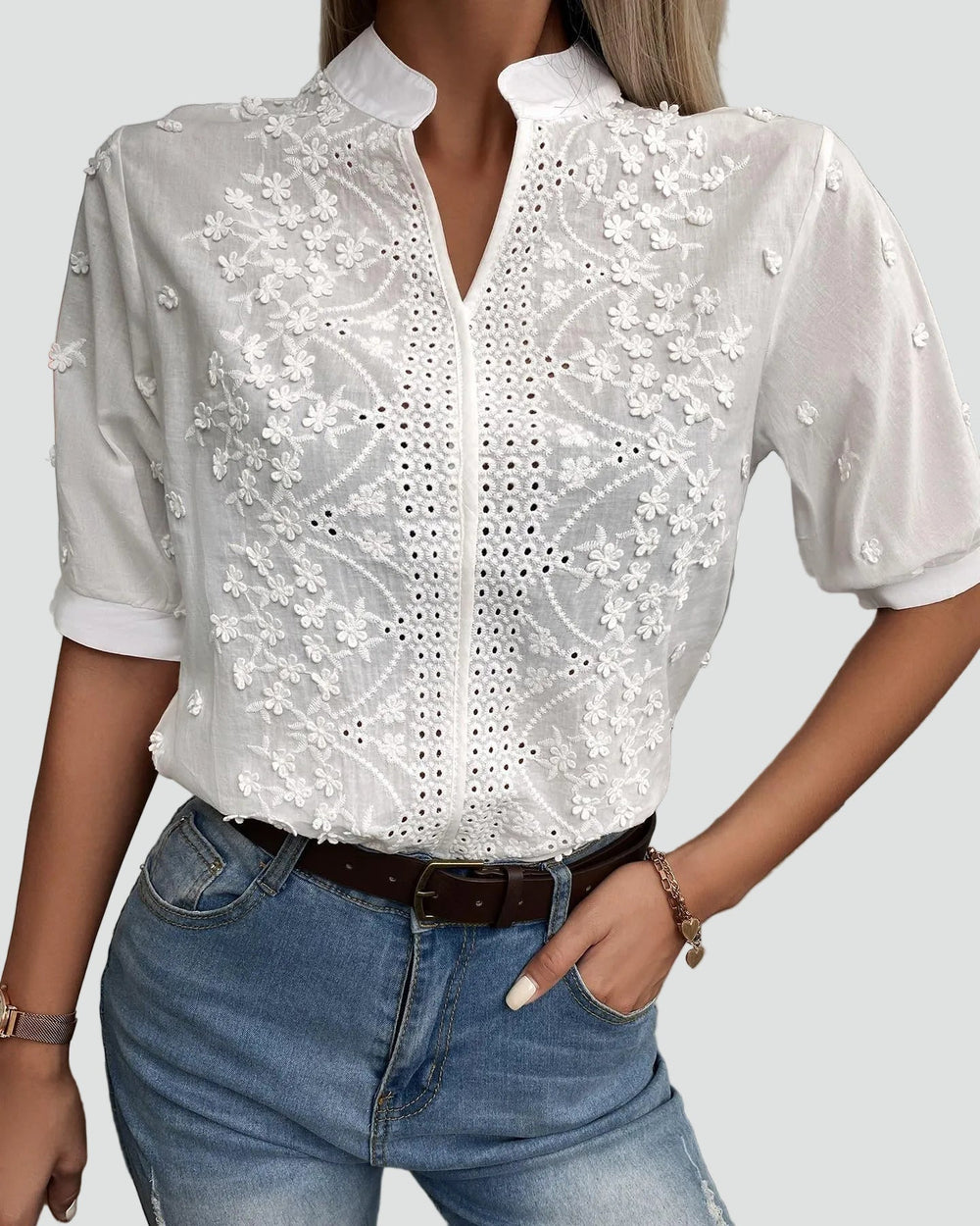 Lillian white embroidered blouse, front view