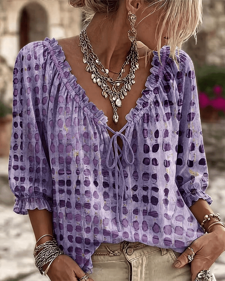 Hege polka dot blouse with tie V neck – image 9