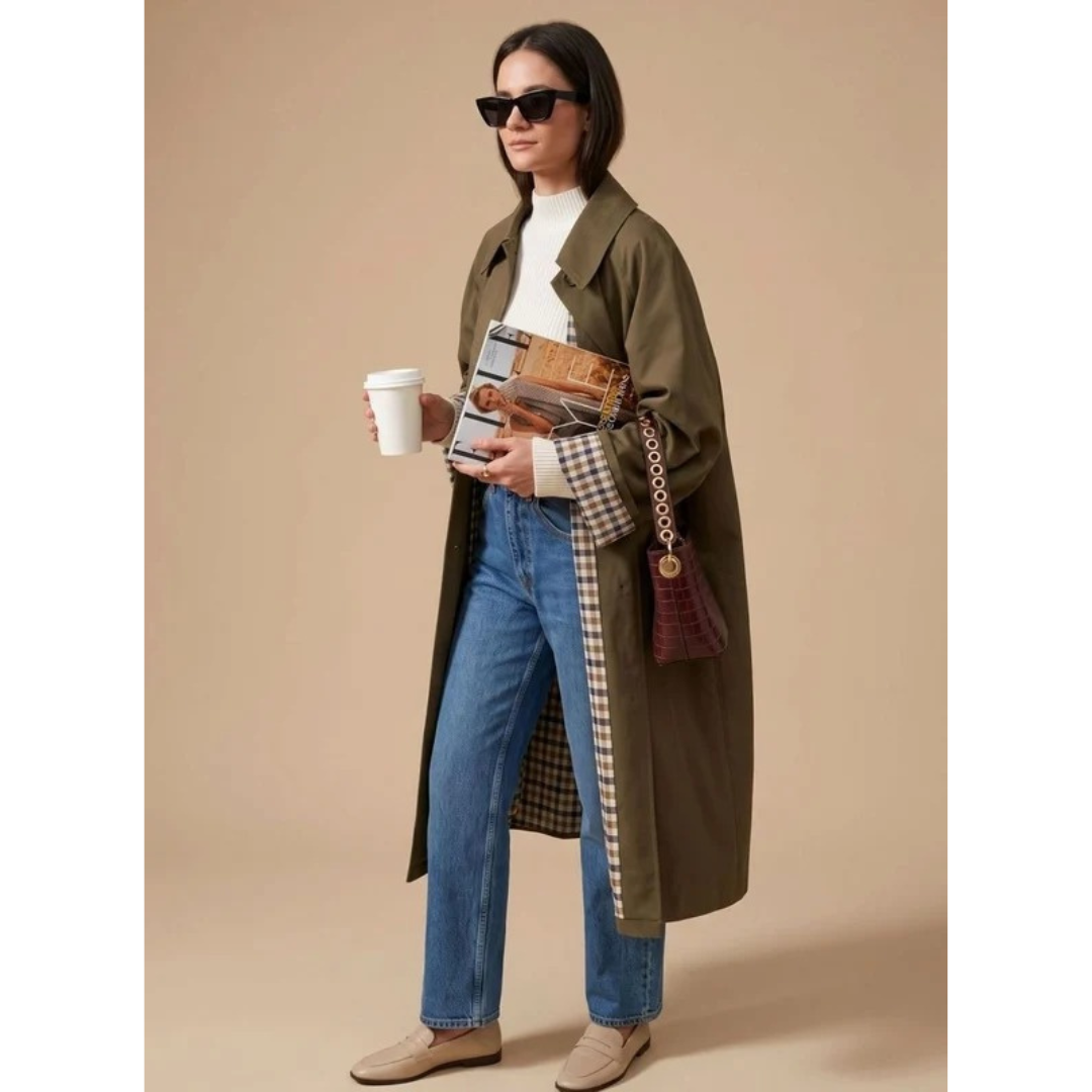 Damaris long trench coat, front view