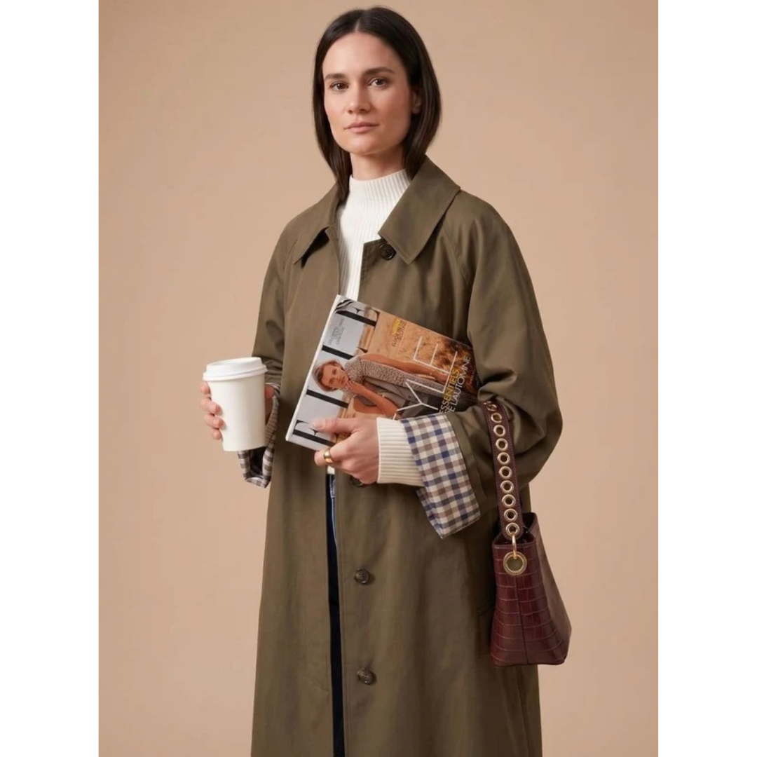 Damaris long trench coat, back view