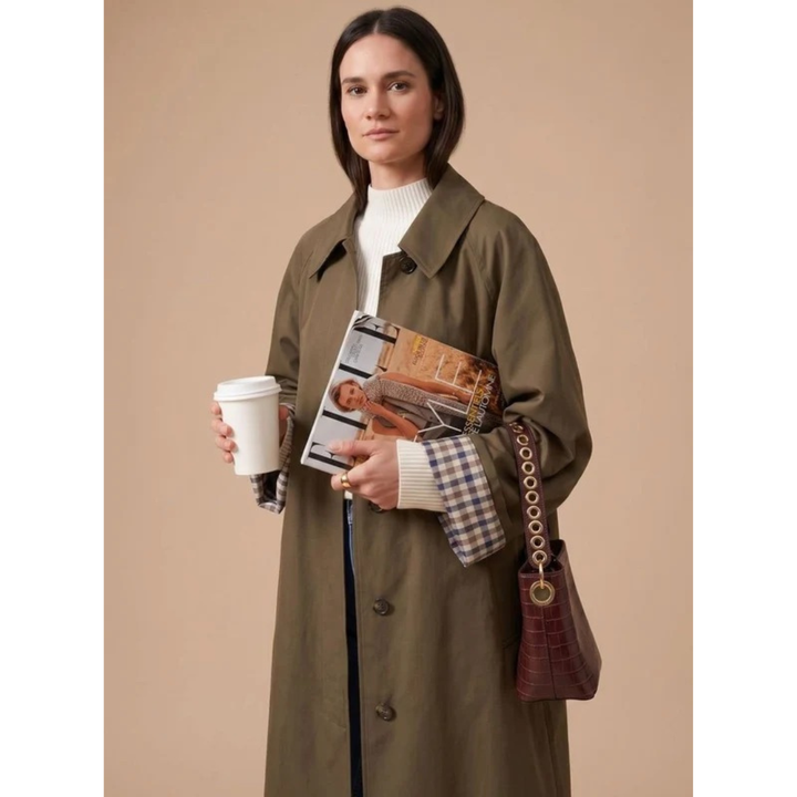 Damaris long trench coat, back view