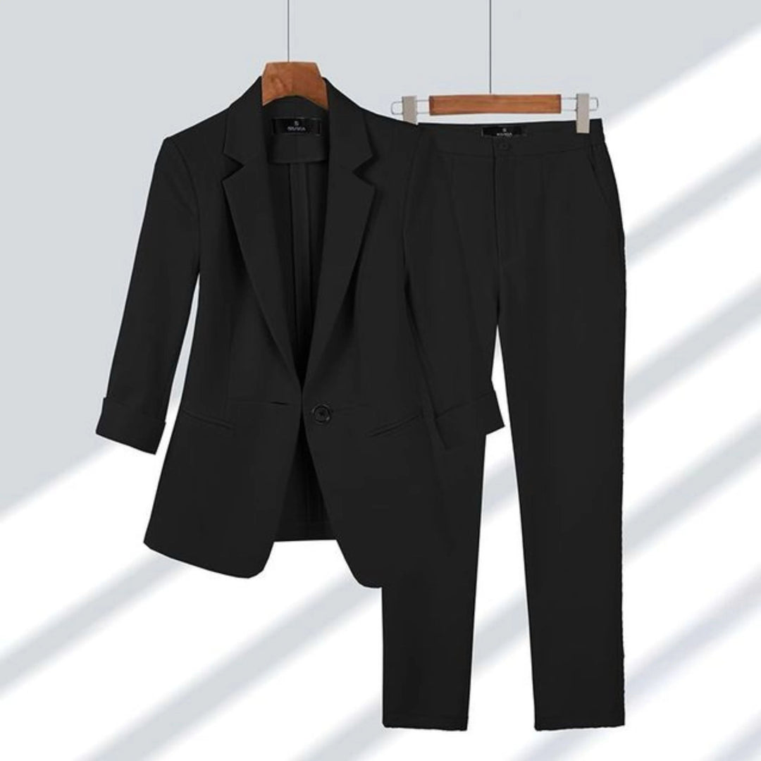 Cecile two piece blazer and trouser set in beige