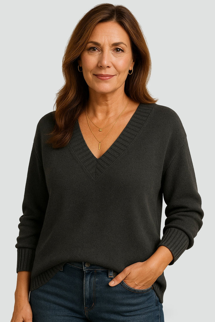 Celia cashmere blend V neck jumper, styled view