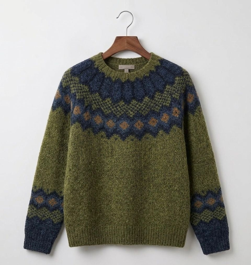 Astrid green fair isle knit jumper, front view