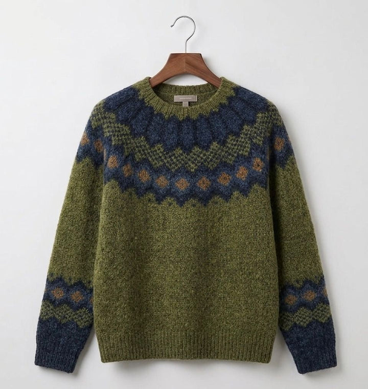 Astrid green fair isle knit jumper, front view