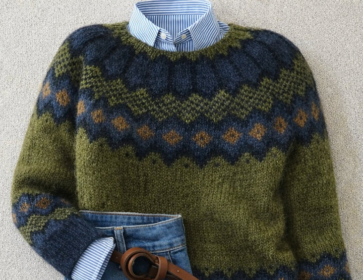 Astrid green fair isle knit jumper, detail