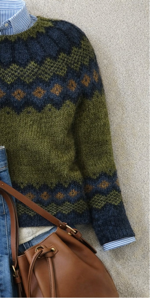 Astrid green fair isle knit jumper, side view