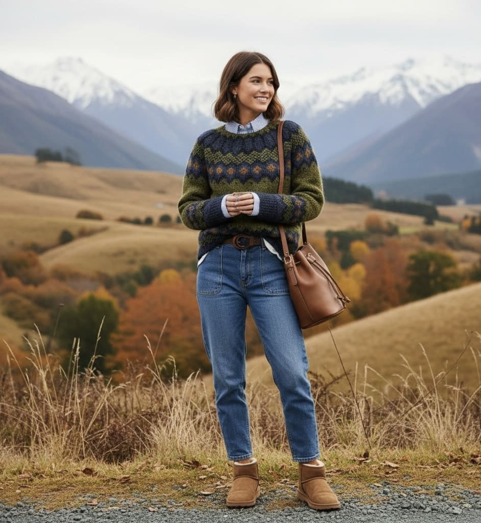 Astrid green fair isle knit jumper, fabric detail