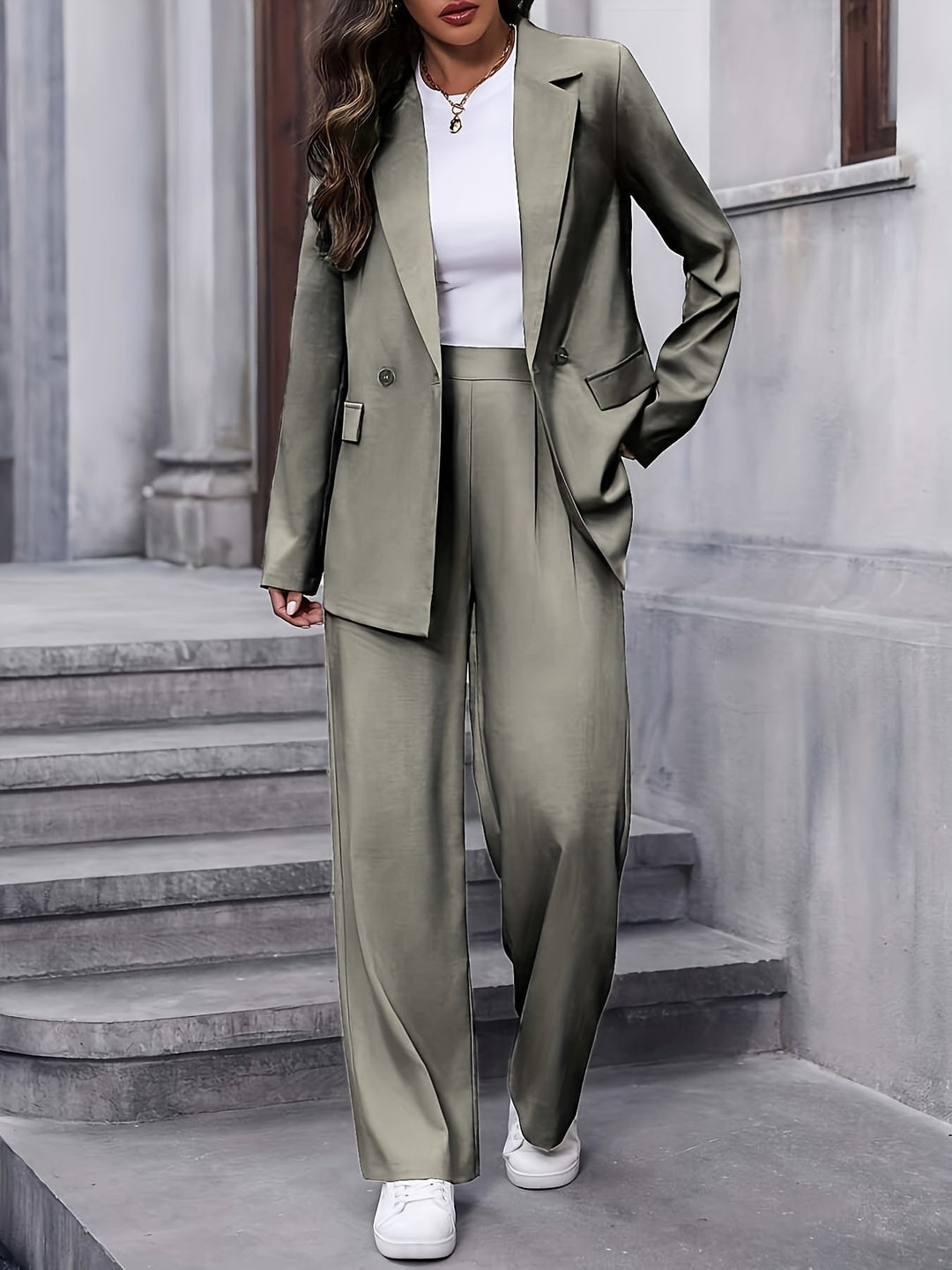 Sabrina two piece blazer and wide leg trouser set, styled view