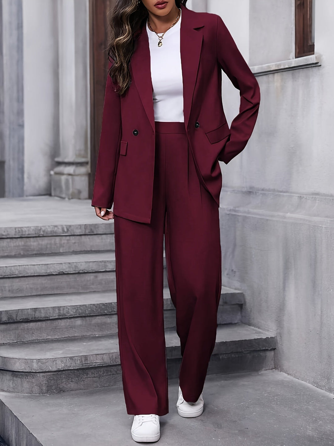 Sabrina two piece blazer and wide leg trouser set, pocket detail