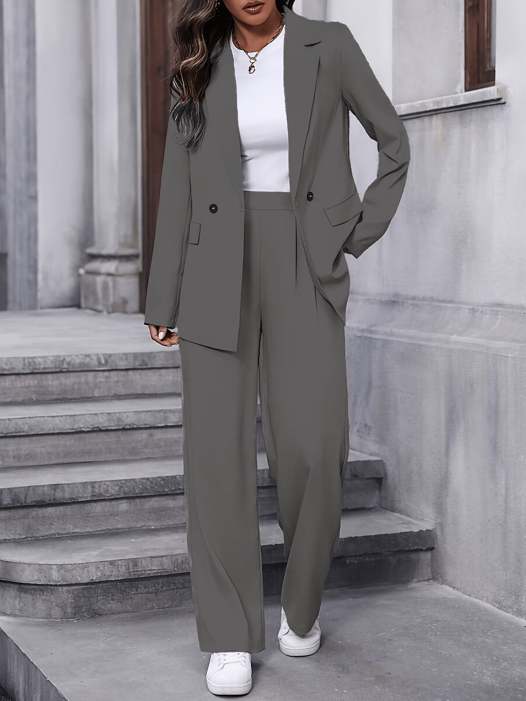 Sabrina two piece blazer and wide leg trouser set, side view