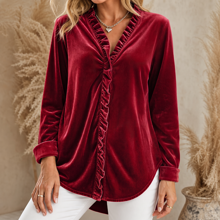 Allegra Elegant Ruffled V Neck Velvet Blouse