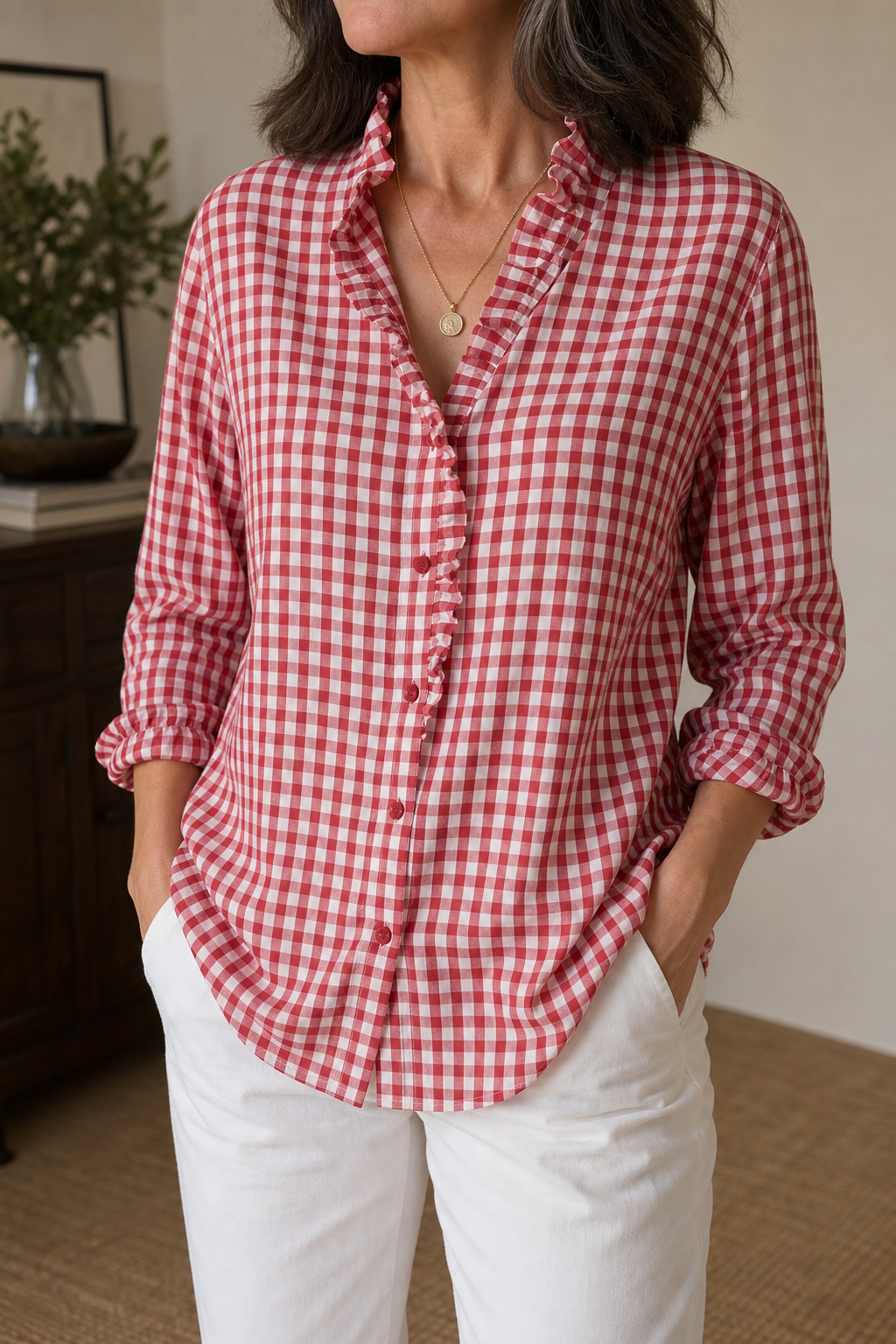 Madeleine ruffled collar check blouse