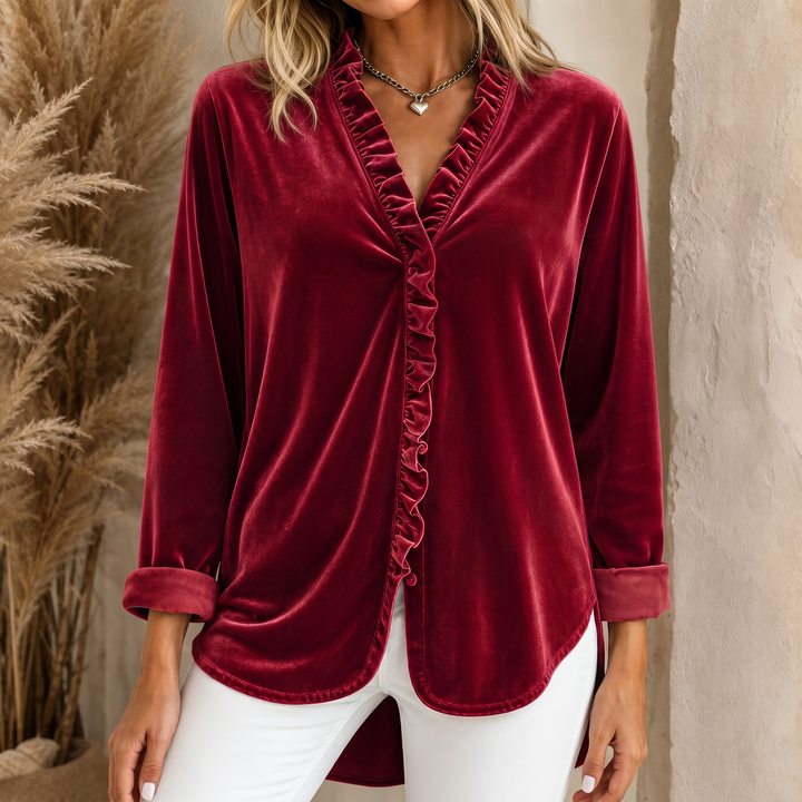 Allegra Elegant Ruffled V Neck Velvet Blouse - image 2