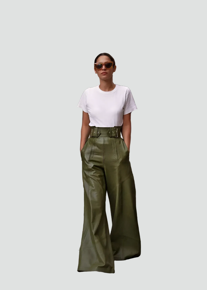 Rosamund leather look wide leg trousers with belt