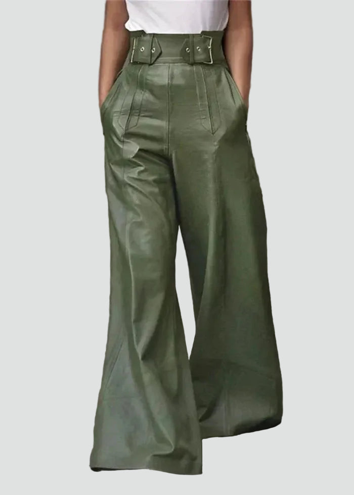 Rosamund leather look wide leg trousers in green