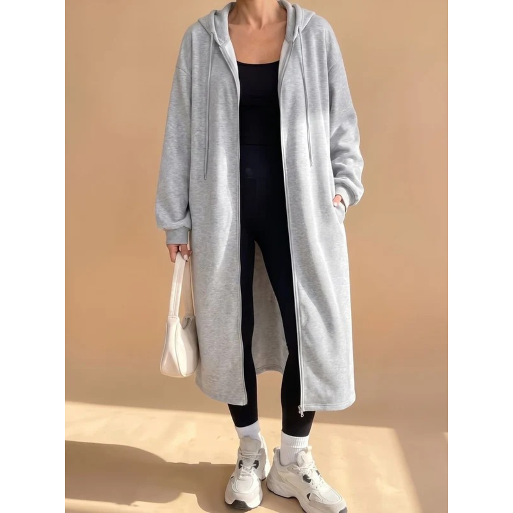 Ilayda light grey longline hooded coat, front view