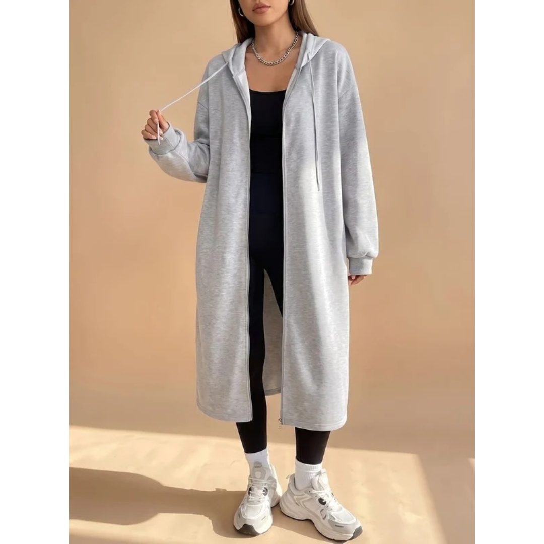 Ilayda light grey longline hooded coat, back view