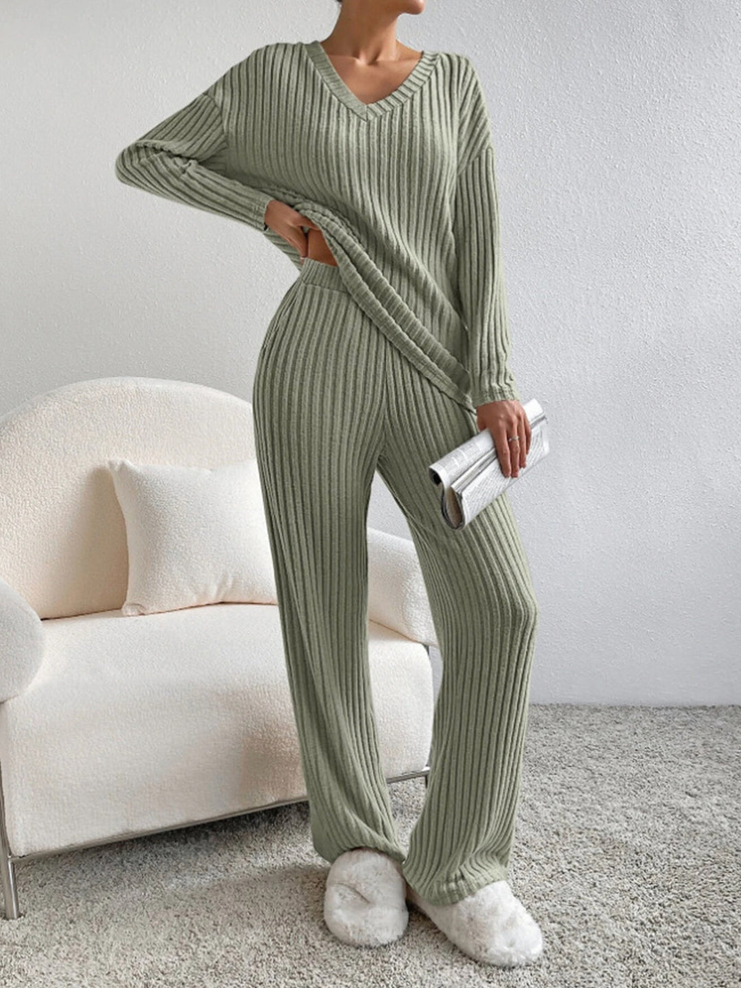Laurine ribbed v neck two piece lounge set – image 17