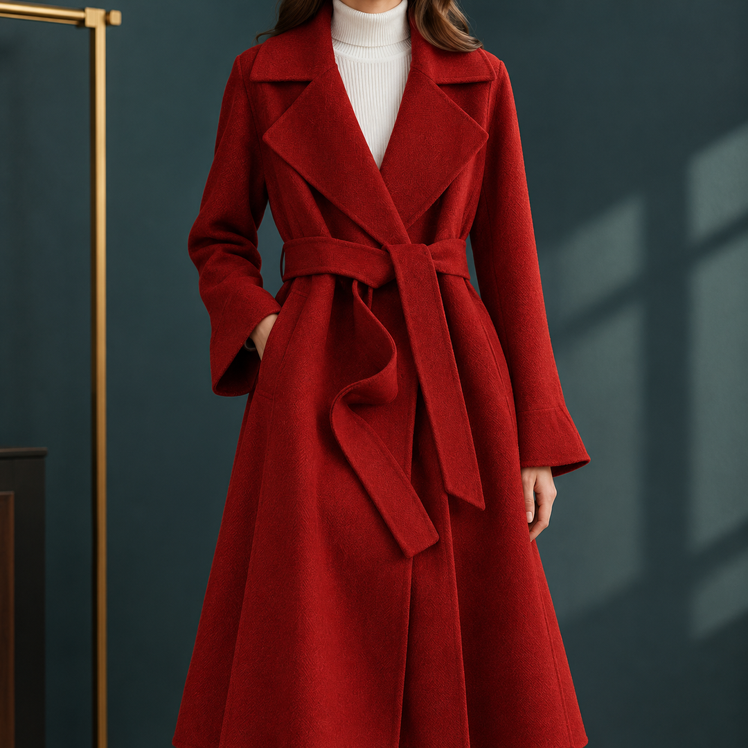 Gwawr belted longline wrap coat with flared sleeves