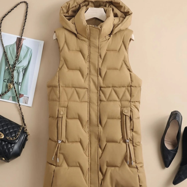Jette longline hooded quilted gilet in black