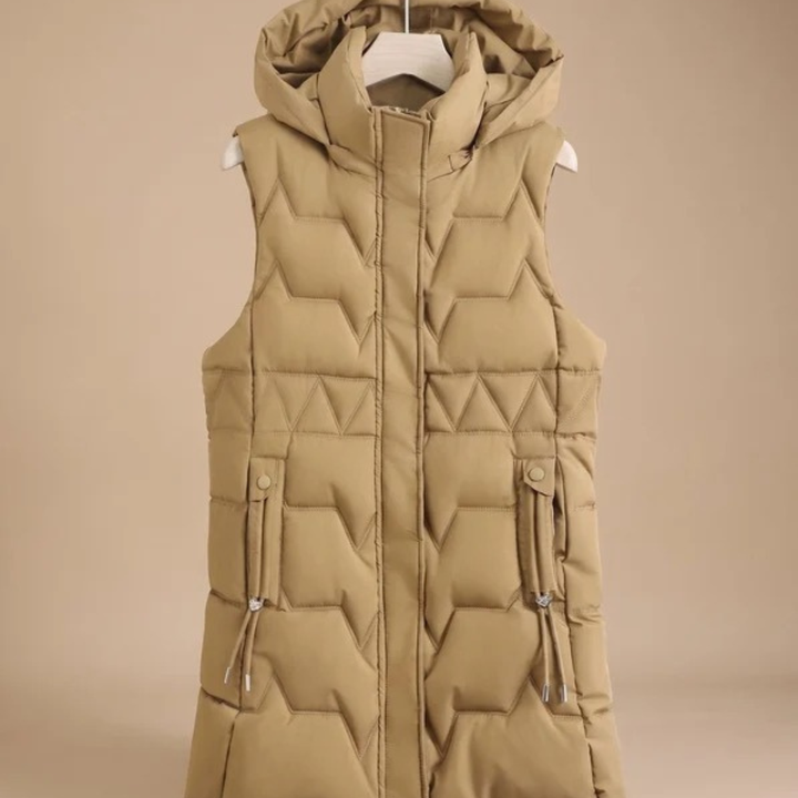 Jette longline hooded quilted gilet in khaki