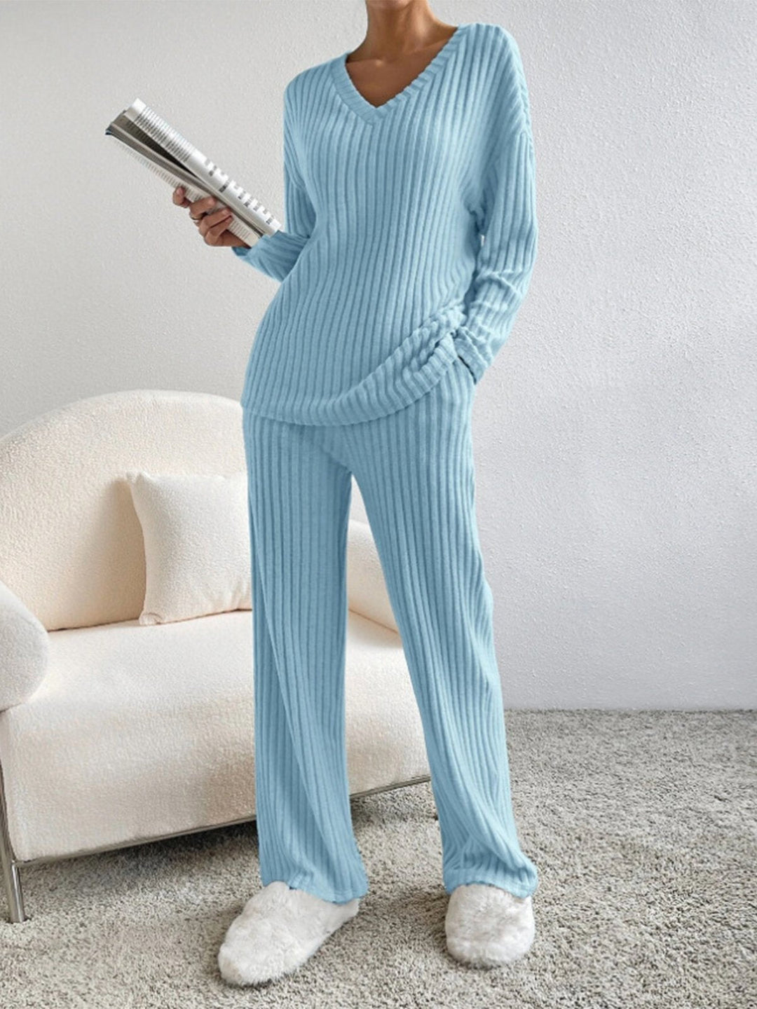 Laurine ribbed v neck two piece lounge set – image 15