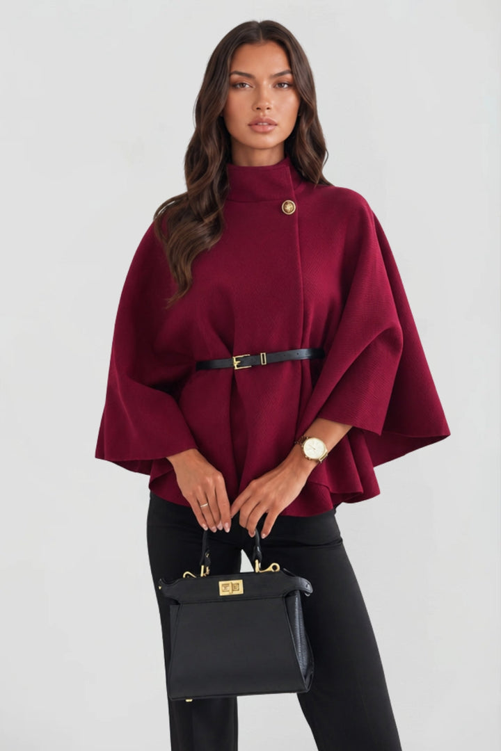 Ottilie belted cape coat in burgundy