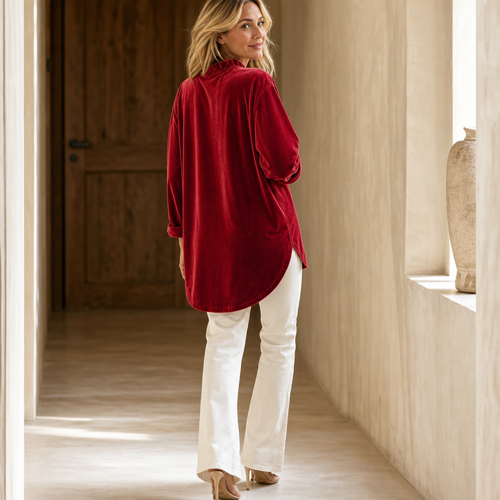 Allegra Elegant Ruffled V Neck Velvet Blouse - image 5