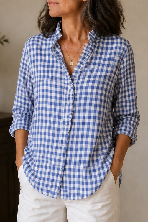 Madeleine ruffled collar check blouse – image 10