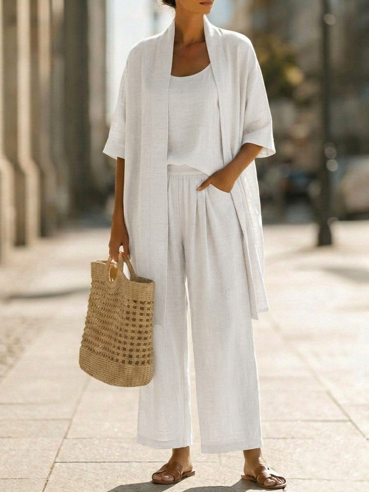 Romane three piece top, jacket and wide leg trouser set