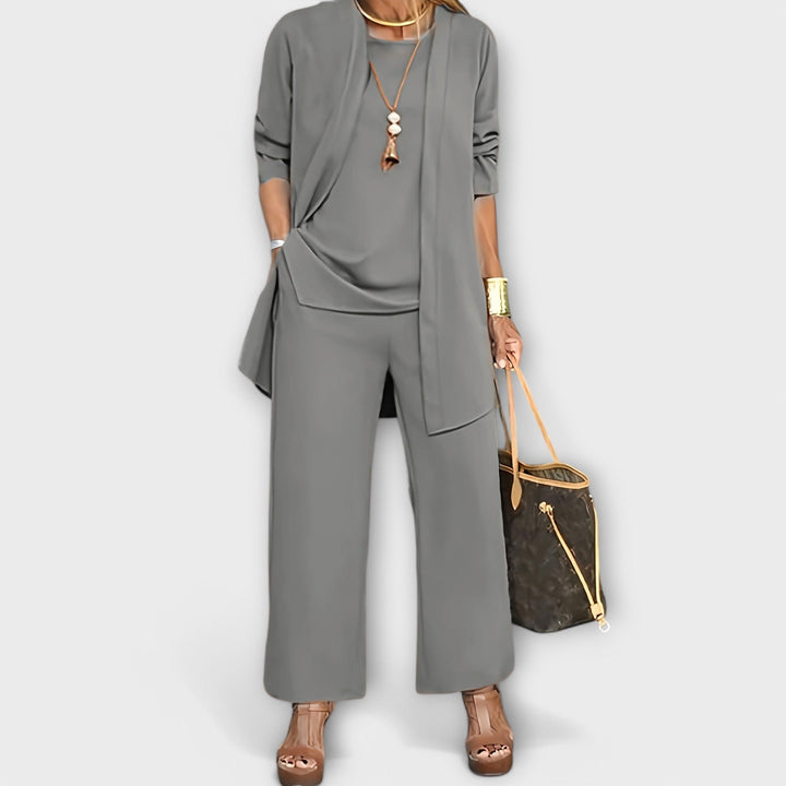 Sapphira three piece top cardigan and trouser set