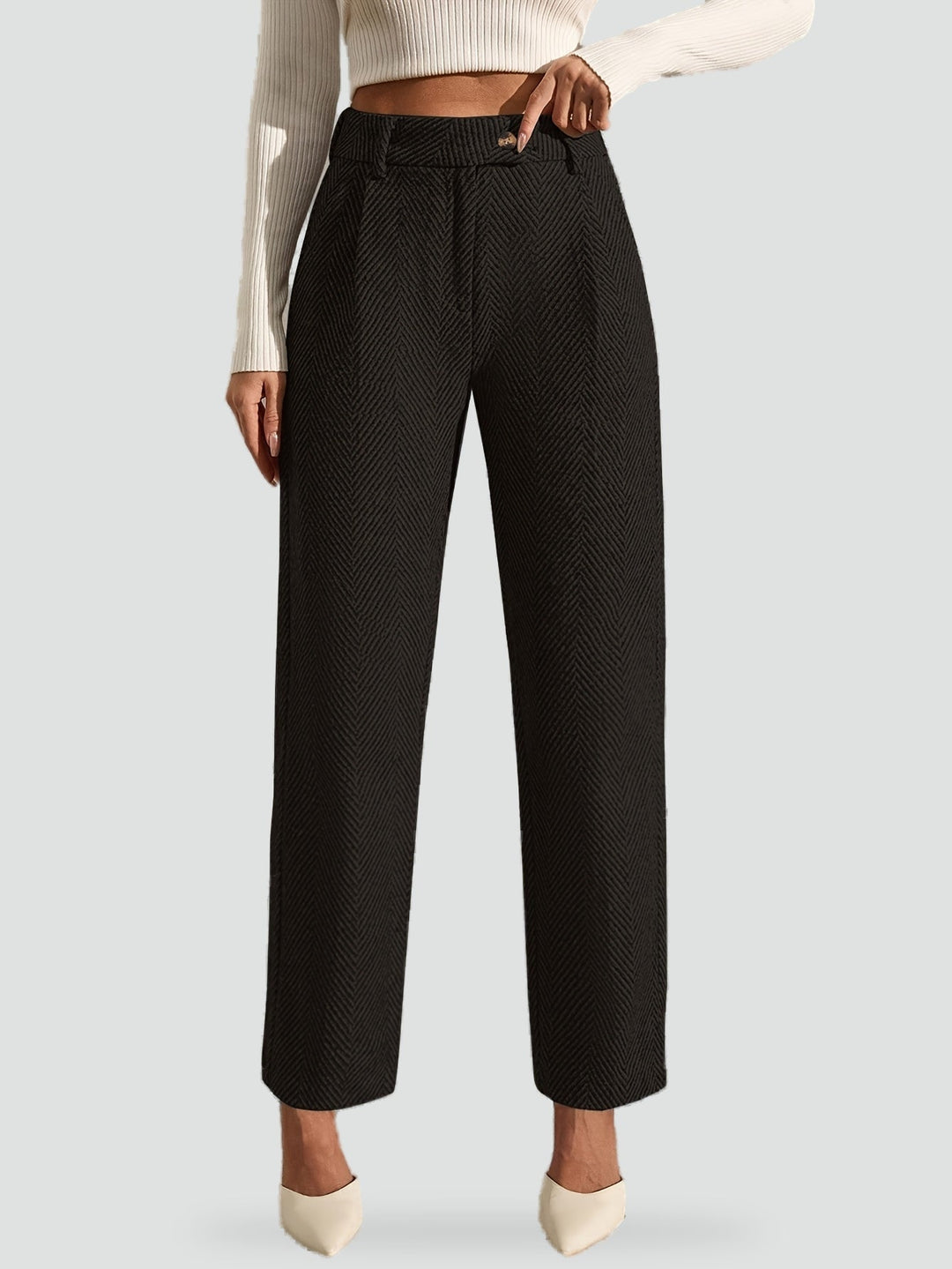 Constance grey straight leg trousers, styled view