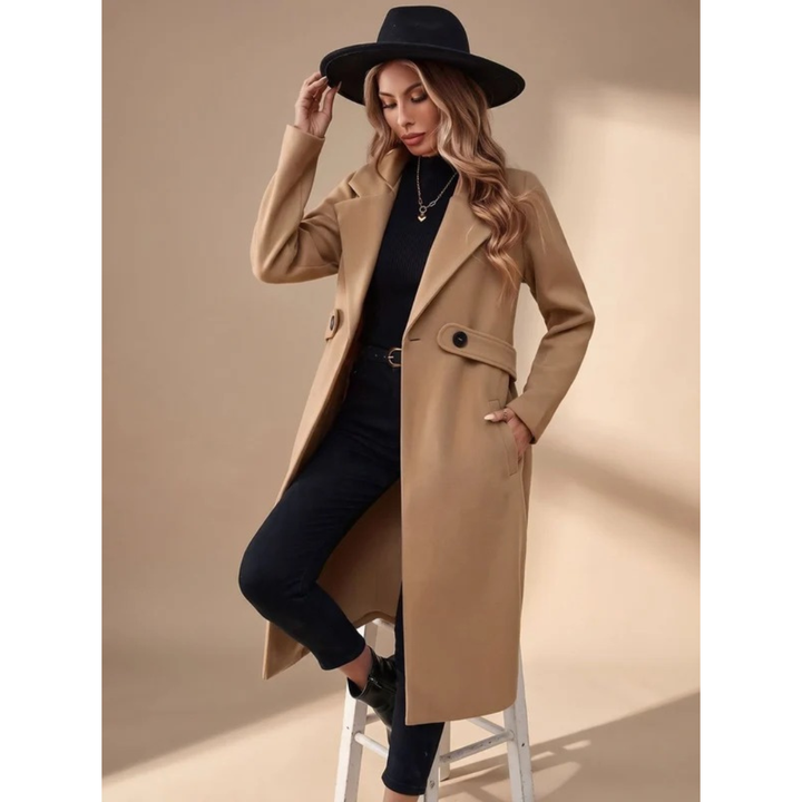 Tasnim belted wool coat, front view