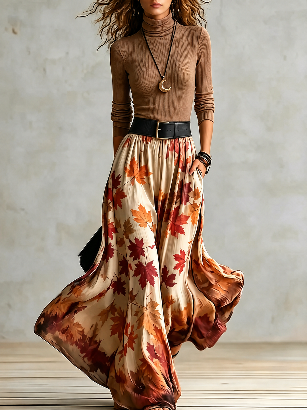 Riona ribbed turtleneck and leaf print skirt set