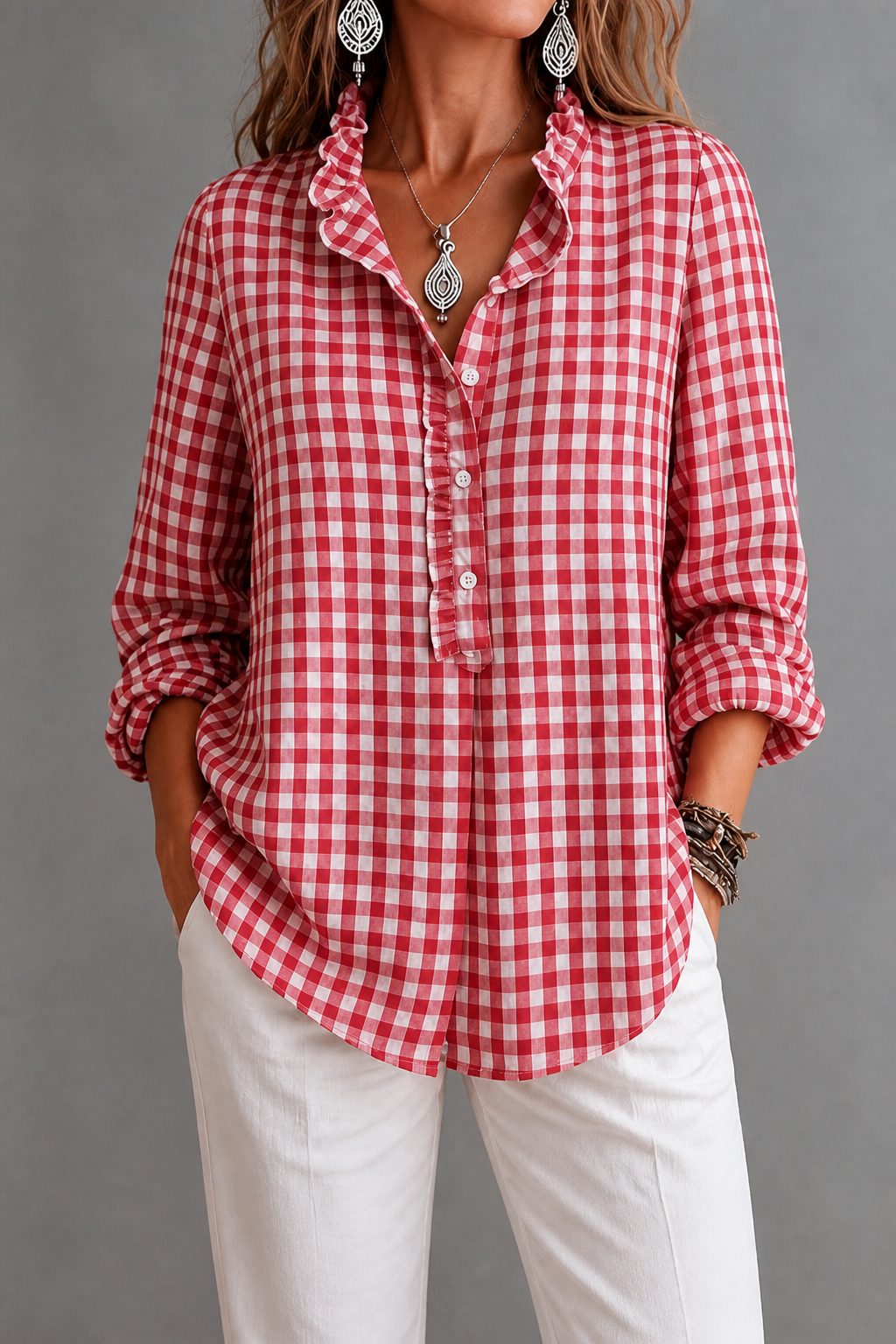 Madeleine ruffled collar check blouse – image 9