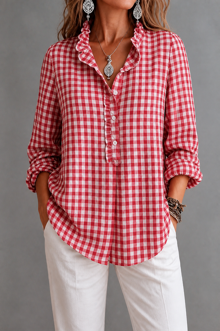 Madeleine ruffled collar check blouse – image 9