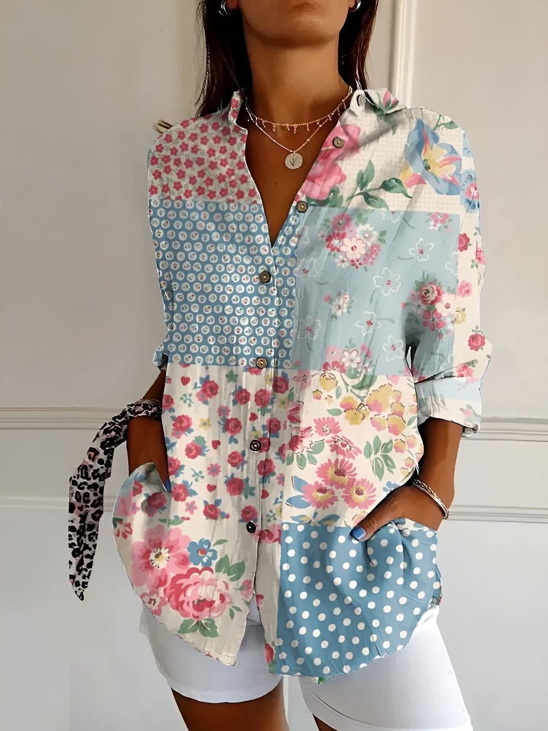 Cosima | Elegant Split Neck Printed Blouse