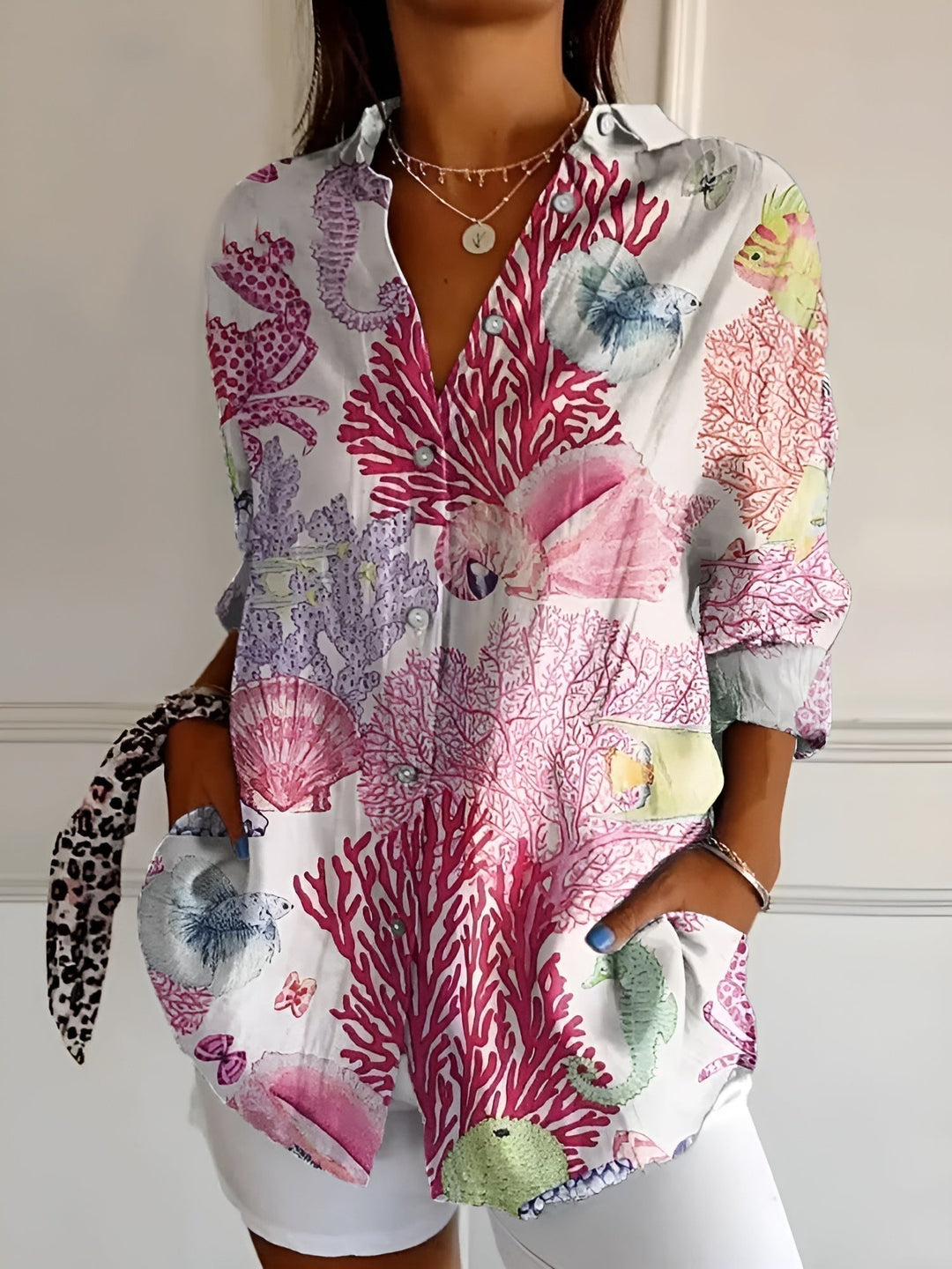 Cosima | Elegant Split Neck Printed Blouse