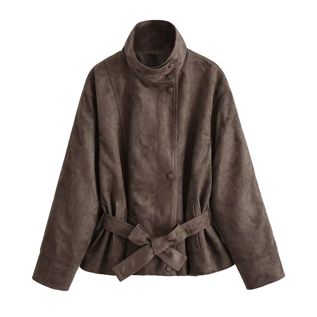 Ashby stand collar faux suede short jacket with belt