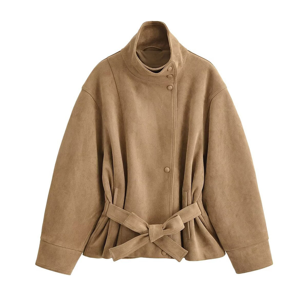 Ashby stand collar faux suede short jacket with belt – image 2