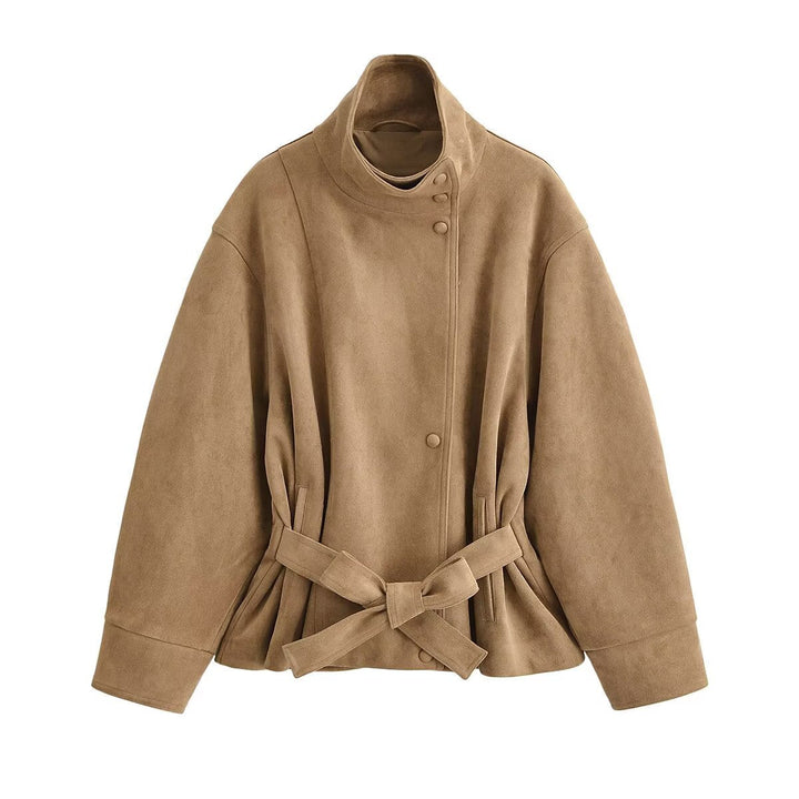 Ashby stand collar faux suede short jacket with belt – image 2