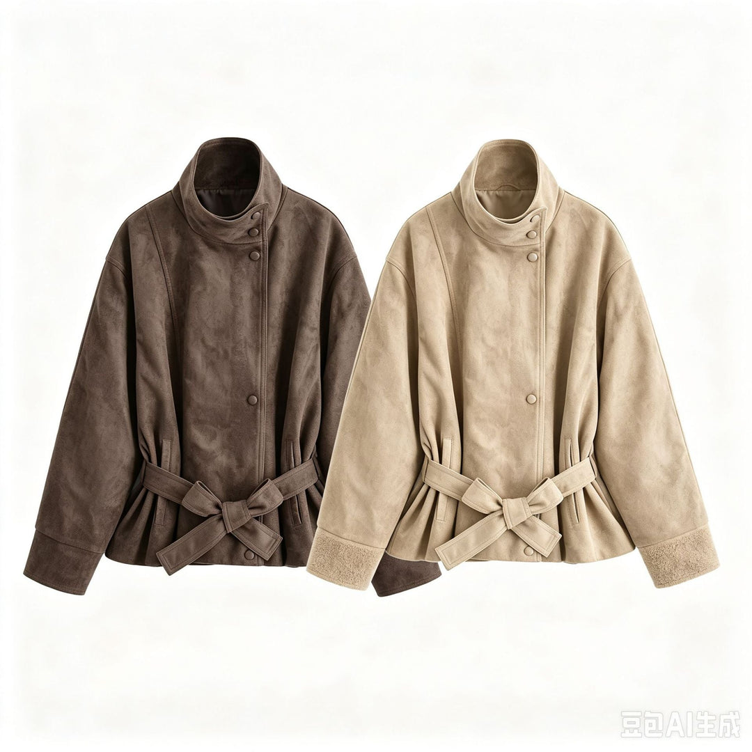 Ashby stand collar faux suede short jacket with belt – image 3