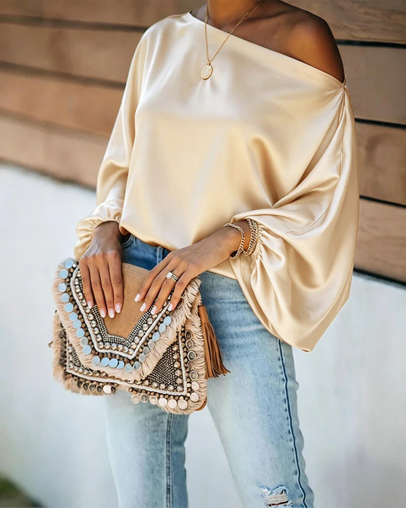 Ginevra satin asymmetric off shoulder blouse
