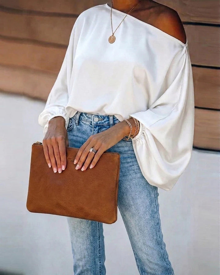 Ginevra satin asymmetric off shoulder blouse – image 2