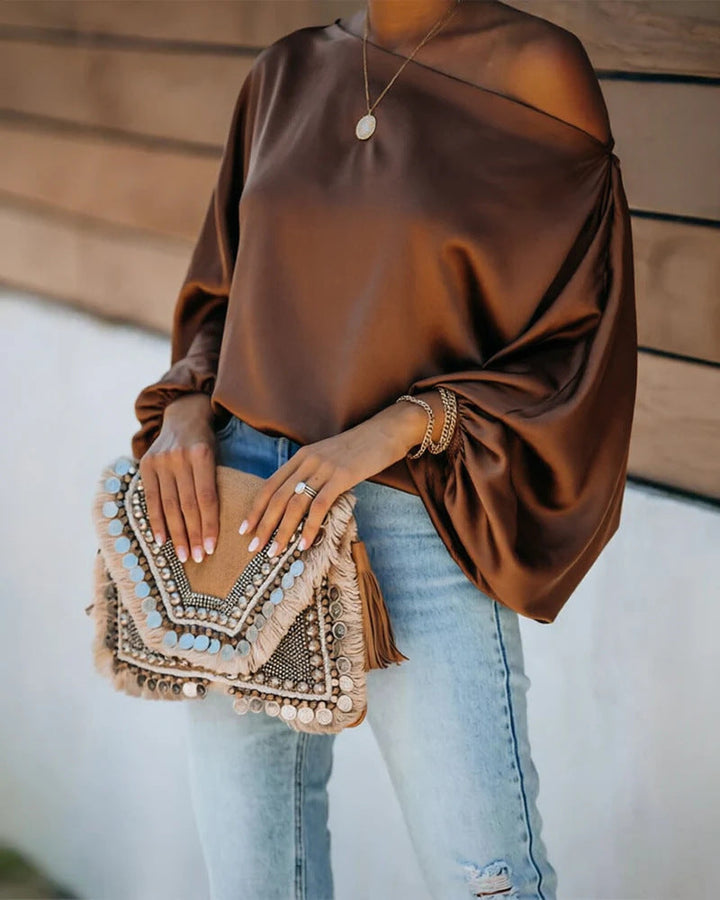 Ginevra satin asymmetric off shoulder blouse – image 3